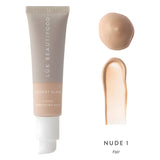 Tube & Swatch of Luk Beautifood Instant Glow Tinted Complexion Balm Shade Nude 1 Fair 30 mL