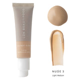 Tube & Swatch of Luk Beautifood Instant Glow Tinted Complexion Balm Shade Nude 3 Light Medium 30 mL