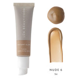 Tube & Swatch of Luk Beautifood Instant Glow Tinted Complexion Balm Shade Nude 6 Tan 30 mL