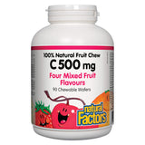 Bottle of Natural Factors 100% Natural Fruit Chew C Four Mixed Fruit Flavours 500mg 90 Chewable Wafers