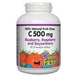 Bottle of Natural Factors 100% Natural Fruit Chew C 500mg Blueberry Raspberry and Boysenberry 90 Chewable Wafers