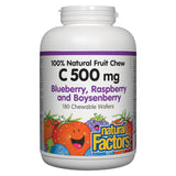 Bottle of Natural Factors 100% Natural Fruit Chew Vitamin C 500 mg Blueberry, Raspberry, and Boysenberry Flavour 180 Chewable Tablets