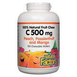 Bottle of Natural Factors 100% Natural Fruit Chew Vitamin C 500 mg Peach, Passionfruit, and Mango Flavour 180 Chewable Tablets