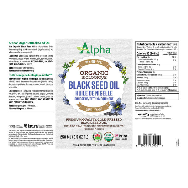 Alpha Black Seed Oil, Organic 250ml Label
