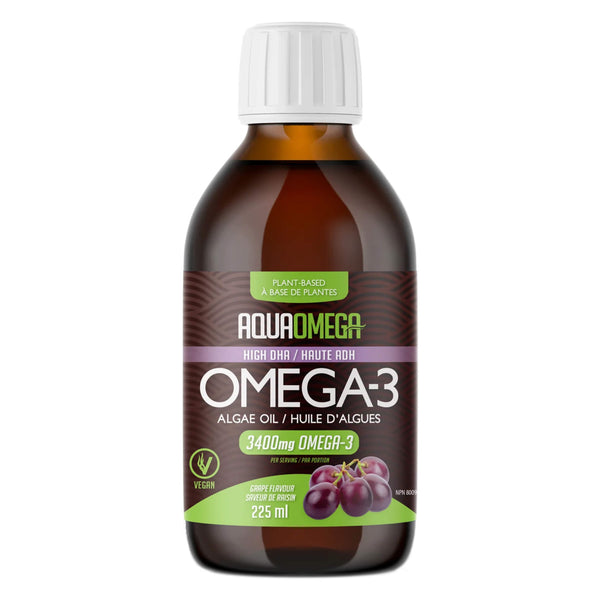 Bottle of Aqua Omega High DHA OMega-3 Algae Oil Grape Flavour 225ml