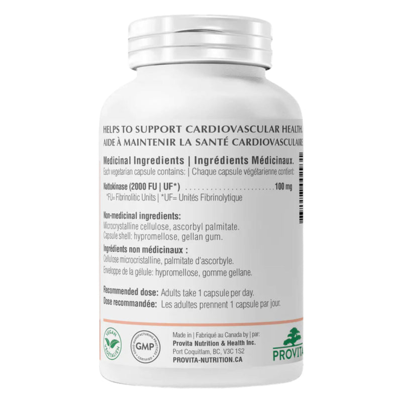 Back of Bottle of Provita Provita Nattokinase 2000 FU 100mg 60 Veggie Capsules

