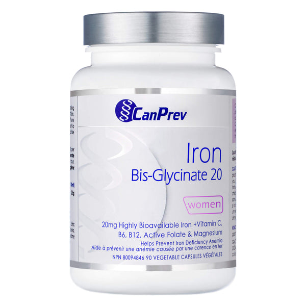 Bottle of CanPrev Iron Bis-Glycinate 20 Women 90 Vegetable Capsules