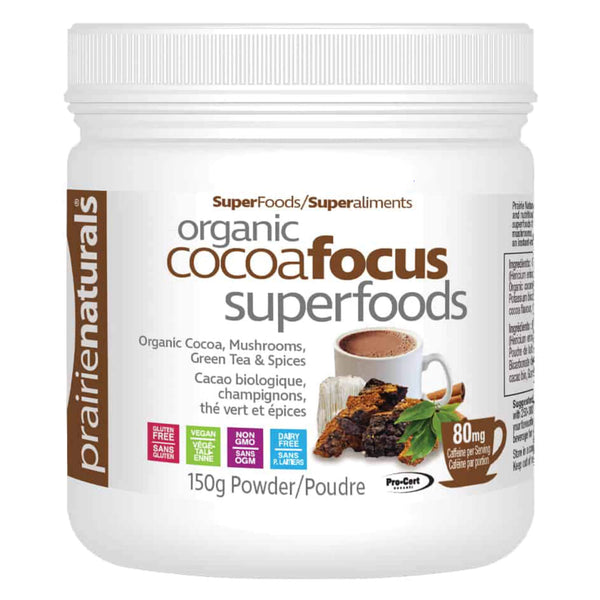 Tub of Prairie Naturals Organic Cocoa Focus Superfoods 80mg Caffeine Per Serving 150g Powder 