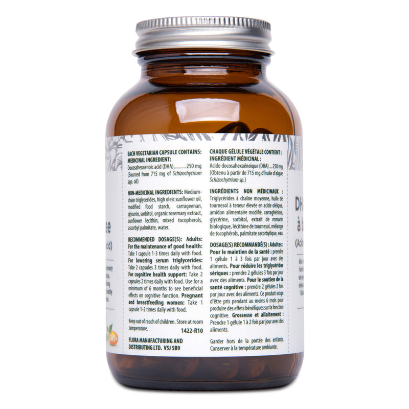 Bottle Back of Flora DHA - Vegetarian Algae 60 Softgel Capsules

