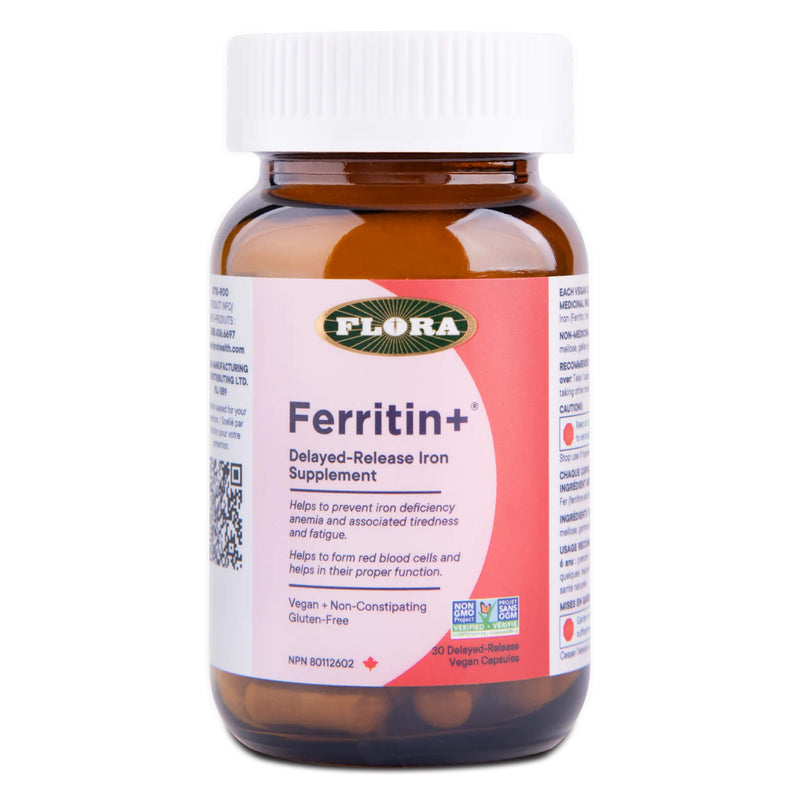 Bottle of Flora Ferritin+ 30 Delayed Release Vegan Capsules
