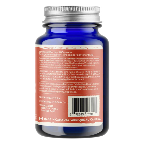 Bottle Back of Higher Healths Core3 (Beef Heart, Kidney, Liver) 180 Capsules
