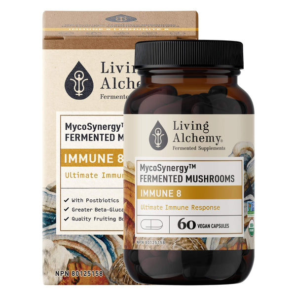 Box & Bottle of Living Alchemy MycoSynergy Fermented Mushrooms - Immune 8 60 Vegan Capsules
