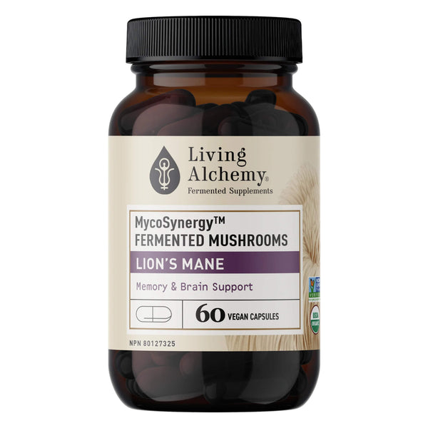 Bottle of Living Alchemy MycoSynergy Fermented Mushrooms - Lion's Mane 60 Vegan Capsules
