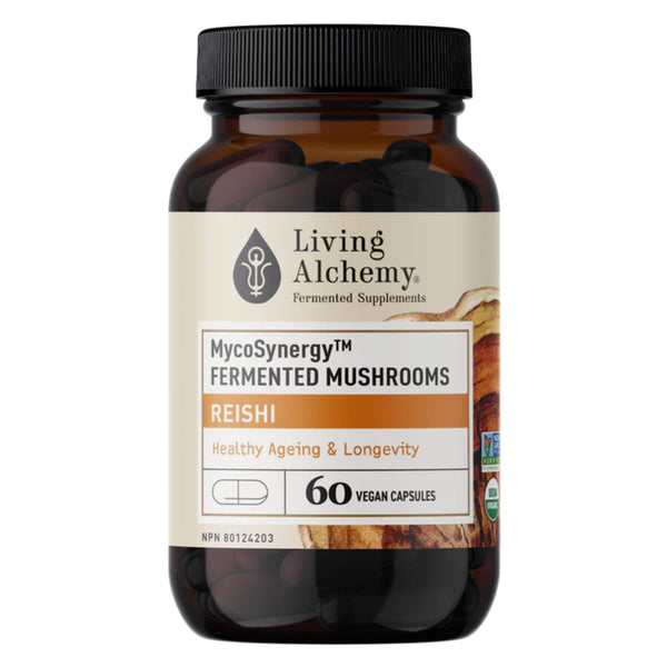 Bottle of Living Alchemy MycoSynergy Fermented Mushrooms - Reishi 60 Vegan Capsules
