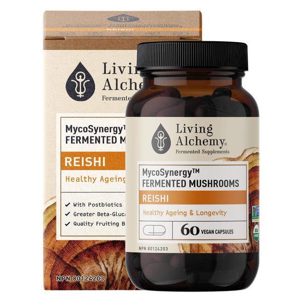 Bottle & Box of Living Alchemy MycoSynergy Fermented Mushrooms - Reishi 60 Vegan Capsules
