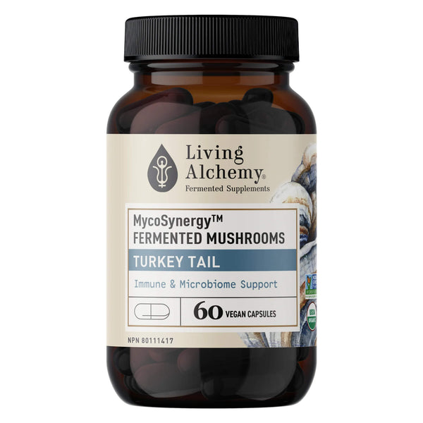 Bottle of Living Alchemy MycoSynergy Fermented Mushrooms - Turkey Tail 60 Vegan Capsules
