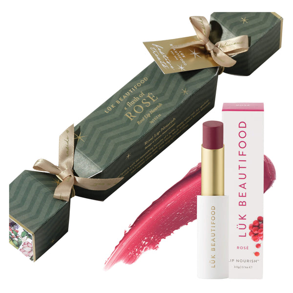 Luk Beautifood BON BON Rosé - a Flush of Rose - Wrapped Box + Showing Unwrapped Lip Nourish 
