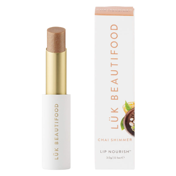 Tube & Box of Luk Beautifood Lip Nourish Natural Lipstick - Chai Shimmer
