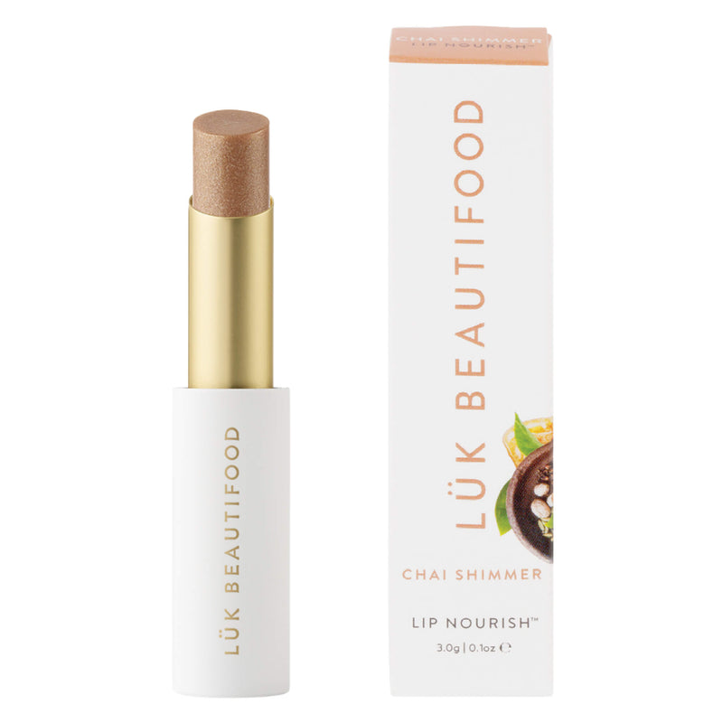 Tube & Box of Luk Beautifood Lip Nourish Natural Lipstick - Chai Shimmer
