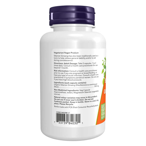 NOW Siberian Ginseng 500mg (Eleuthero) Bottle - Back
