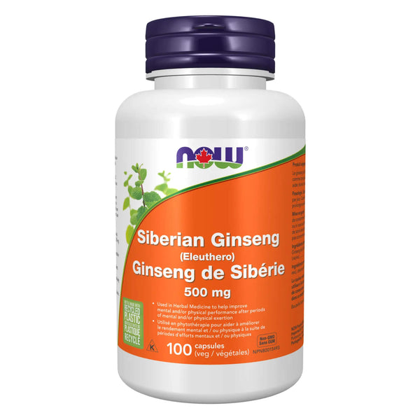 Bottle of NOW Siberian Ginseng 500mg (Eleuthero) 100 V-Caps
