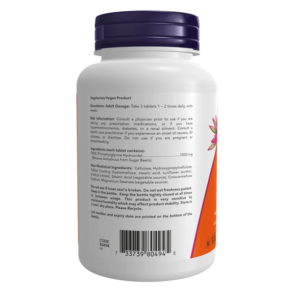 Bottle of NOW Tri-Methyl Glycine (TMG) 1000mg 100 Tablets Back
