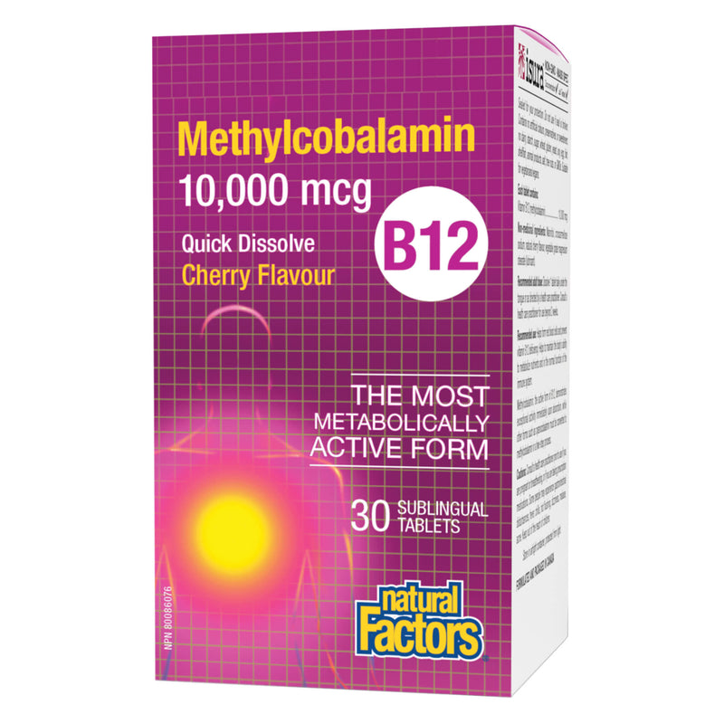 Box of Natural Factors B-12 Methylcobalamin 10,000 mcg Cherry Flavour 30 Sublingual Tablets
