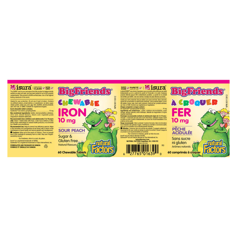 Natural Factors Big Friends Chewable Iron 10mg Sour Peach Label
