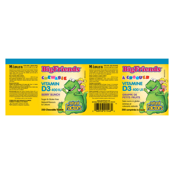 Natural Factors Big Friends Chewable Vitamin D3 400 IU (Berry Bunch Flavour) Label
