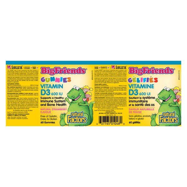 Natural Factors Big Friends Vitamin D3 Gummies 600 IU (Strawberry) Label
