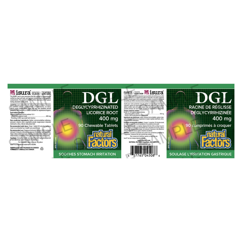Natural Factors DGL (Deglycyrrhizinated Licorice Root) 400mg Label
