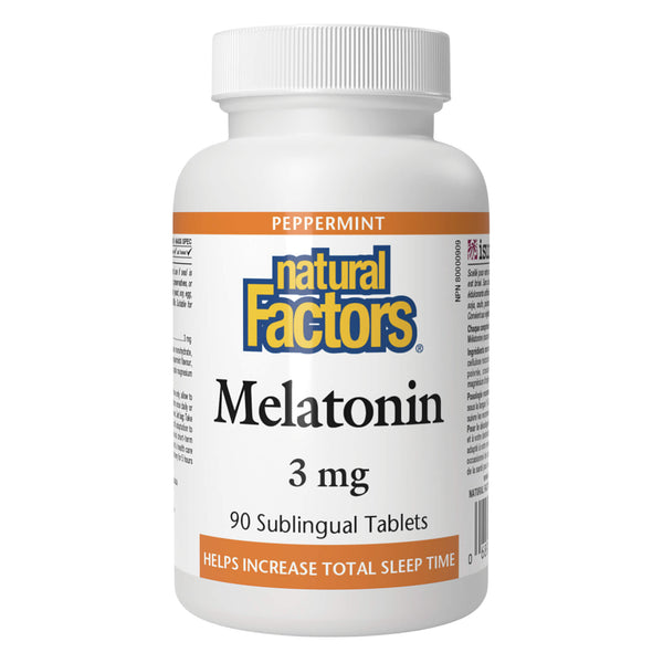 Bottle of Natural Factors Melatonin 3 mg Peppermint 90 Sublingual Tablets
