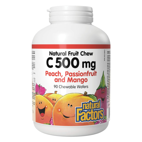 Bottle of Natural Factors 100% Natural Fruit Chew Vitamin C 500 mg Peach, Passionfruit, and Mango 90 Chewable Wafers
