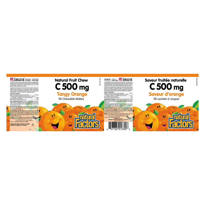 Natural Factors 100% Natural Fruit Chew Vitamin C 500 mg Tangy Orange 90 Chewable Wafers Label
