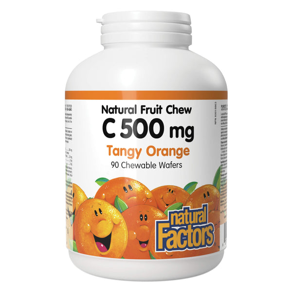 Bottle of Natural Factors 100% Natural Fruit Chew Vitamin C 500 mg Tangy Orange 90 Chewable Wafers
