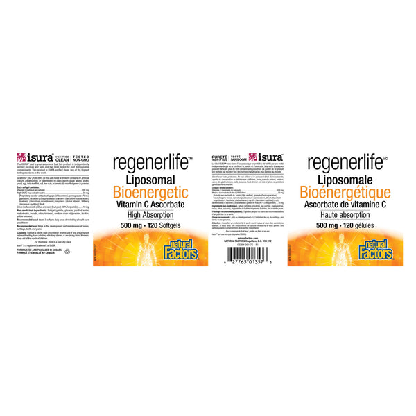 Natural Factors RegenerLife Liposomal Bioenergetic Vitamin C Ascorbate 500 mg Label
