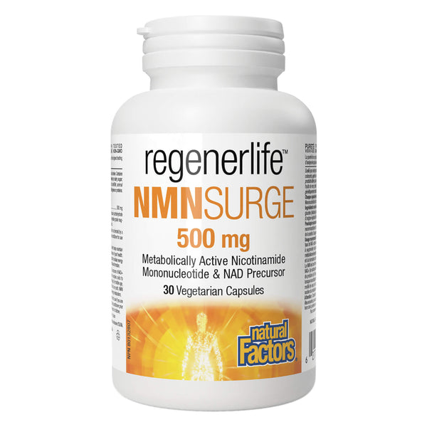 Bottle of Natural Factors RegenerLife NMNSurge 500mg (Nicotinamide Mononucleotide) 30VegetarianCapsules
