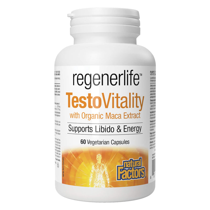 Bottle of NaturalFactors Regenerlife TestoVitality with OrganicMacaExtract 60VegetarianCapsules