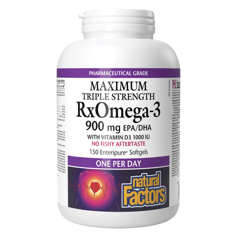 Bottle of Natural Factors Rx Omega-3 Maximum Triple Strength 900 mg w/ Vitamin D3 150 Softgels

