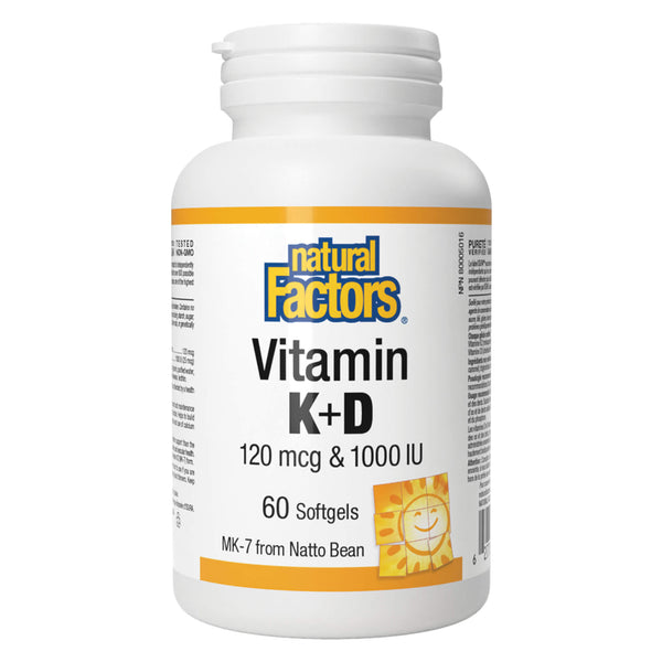 Bottle of Natural Factors Vitamin K 120 mcg & Vitamin D 1000 IU 60 Softgels
