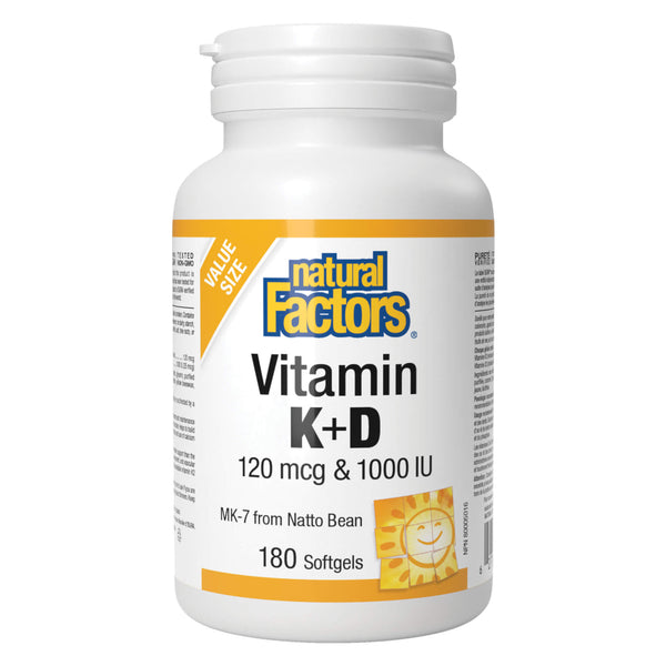 Bottle of Natural Factors Vitamin K 120 mcg & Vitamin D 1000 IU (Bonus Size) 180 Softgels
