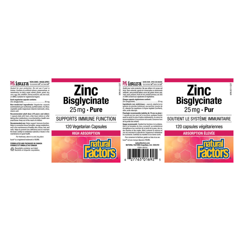 Natural Factors Zinc Bisglycinate 25 mg Label
