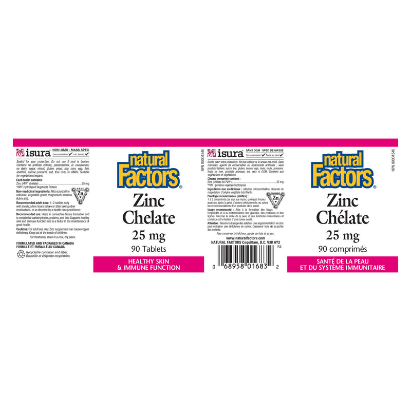 Natural Factors Zinc Chelate 25 mg Label
