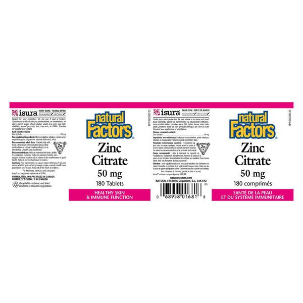 Natural Factors Zinc Citrate 50 mg Label
