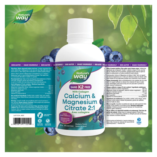 Nature's Way Calcium & Magnesium Citrate w/ Collagen (K2 Free, Blueberry) Label

