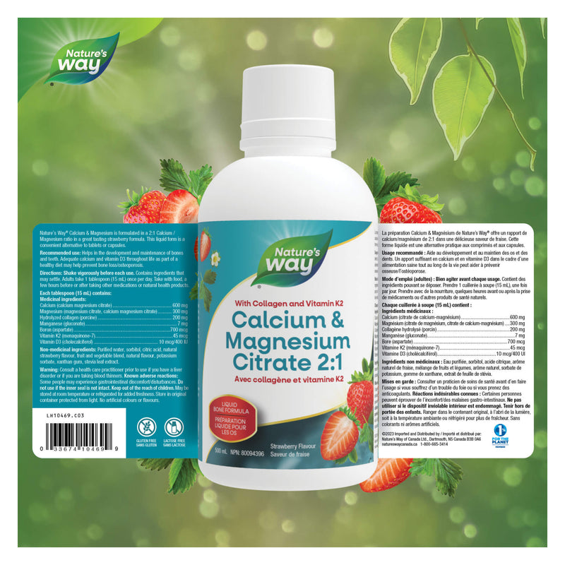 Nature's Way Calcium & Magnesium Citrate w/K2 & Collagen Strawberry Flavour Label
