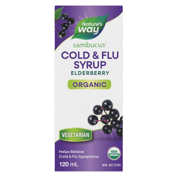 Box of Nature's Way Organic Sambucus Cold and Flu Care, Elderberry Syrup 120ml
