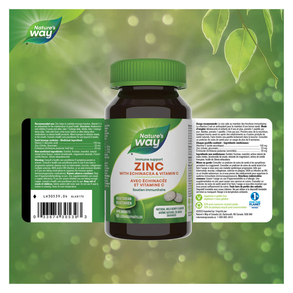 Nature's Way Zinc w/ Echinacea & Vitamin C Wildberry Flavour Label
