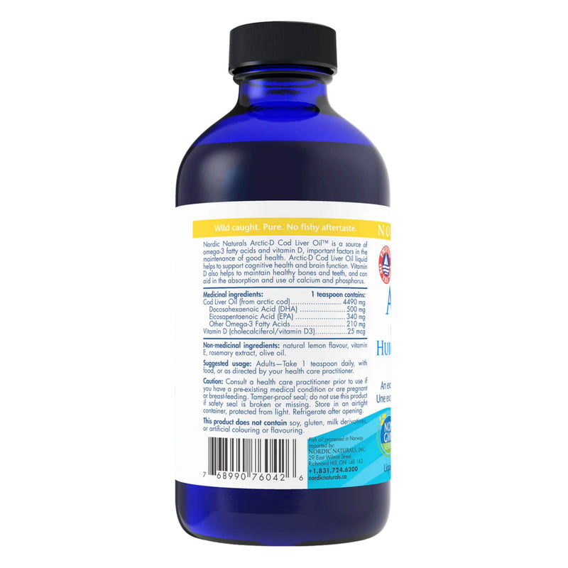Nordic Naturals Arctic Cod Liver Oil 1050mg Omega-3 237ml Liquid Lemon Flavour Back of Bottle
