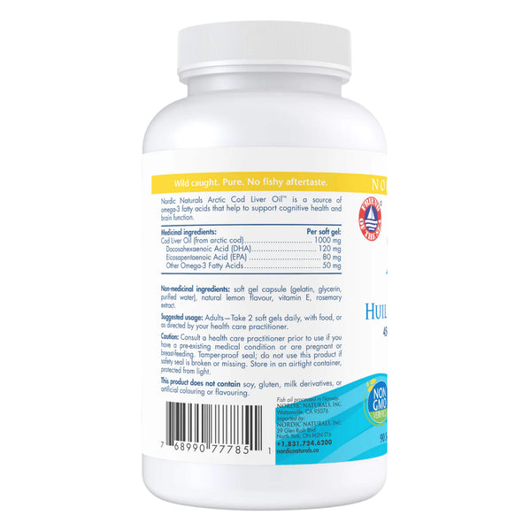 Nordic Naturals Arctic Cod Liver Oil Lemon Flavour 90 Soft Gels Back of Bottle
